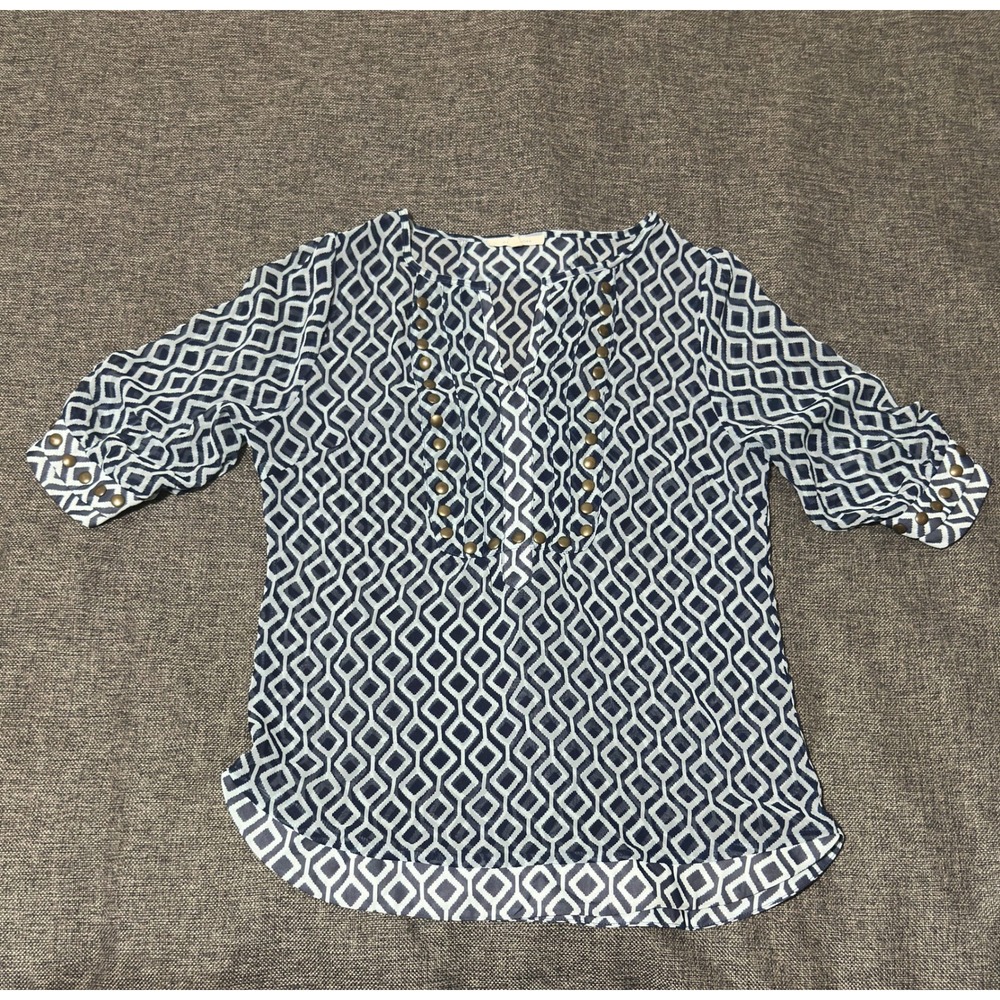 41 Hawthorn Women's Small Blouse Blue Diamond Print Studded 3/4 Sleeve